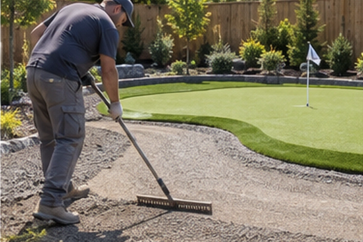 Custom artificial golf putting green with shaped contours