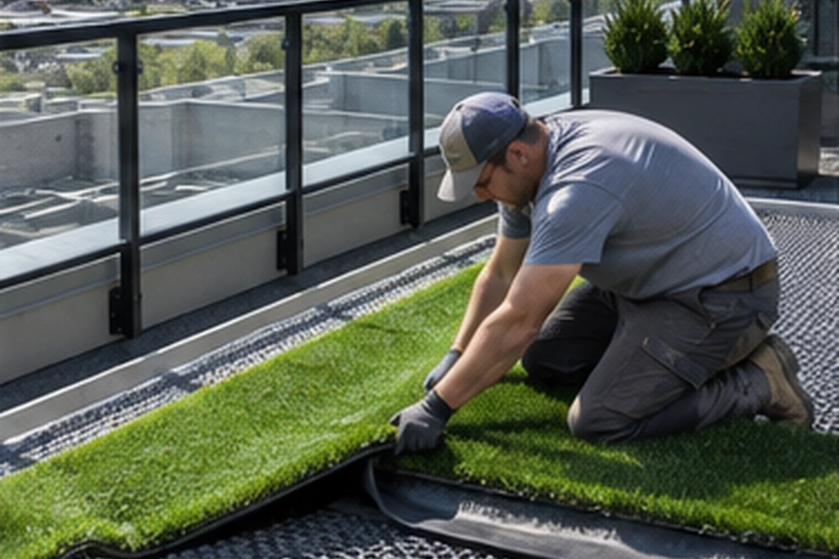 Artificial turf installed on a landscaped rooftop courtyard